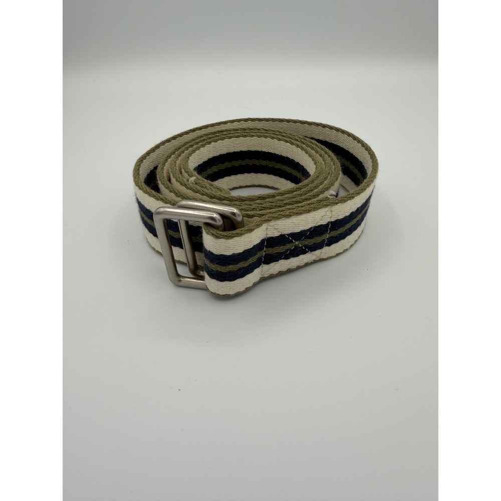 J.Crew Men's D-Ring Belt Olive Navy White Striped Woven Cotton 45"